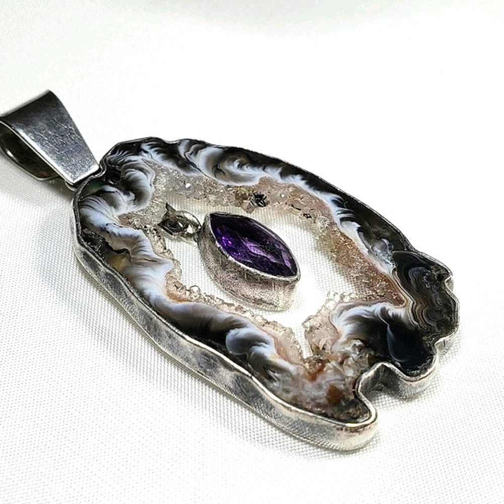Genuine Luxurious Amethyst Geode Slice & Stone Crystals Pendant